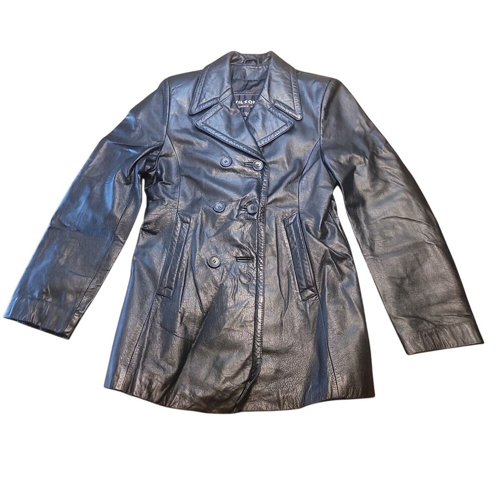 Wilsons Leather Coat Womens Small Black Double Breasted Pea Jacket Lined Classic